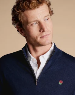 Store Charles Tyrwhitt England Rugby Red Rose Merino Quarter Zip Sweater - Navy