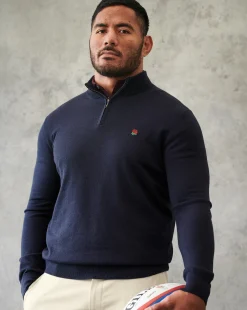 Store Charles Tyrwhitt England Rugby Red Rose Merino Quarter Zip Sweater - Navy