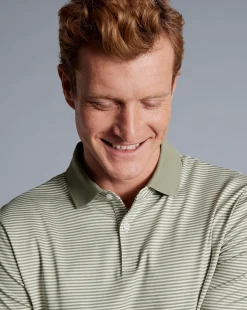 Outlet Charles Tyrwhitt Fine Stripe Jersey Polo - Sage Green & Ecru