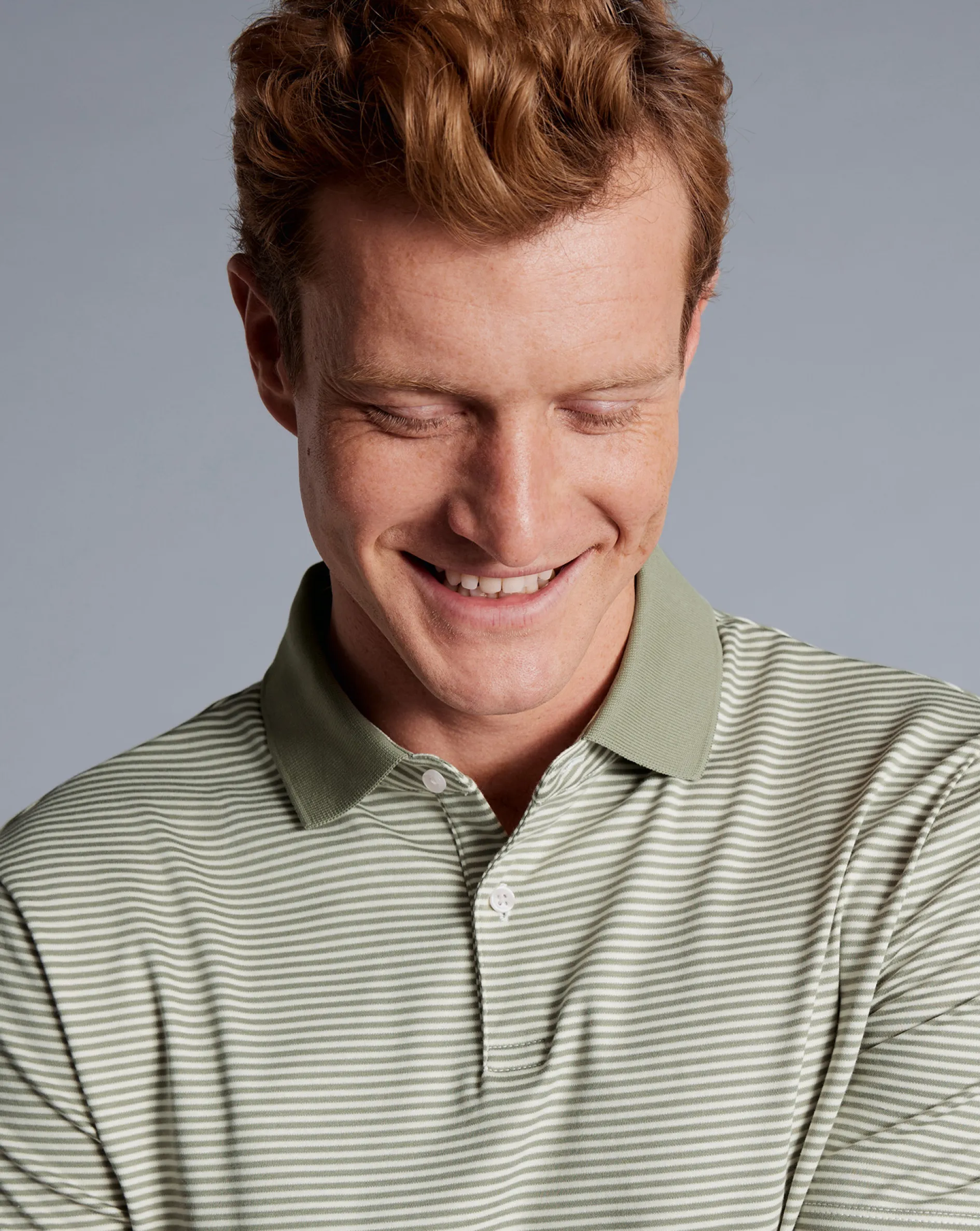 Outlet Charles Tyrwhitt Fine Stripe Jersey Polo - Sage Green & Ecru