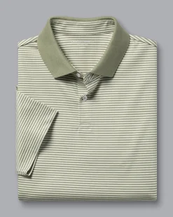 Outlet Charles Tyrwhitt Fine Stripe Jersey Polo - Sage Green & Ecru