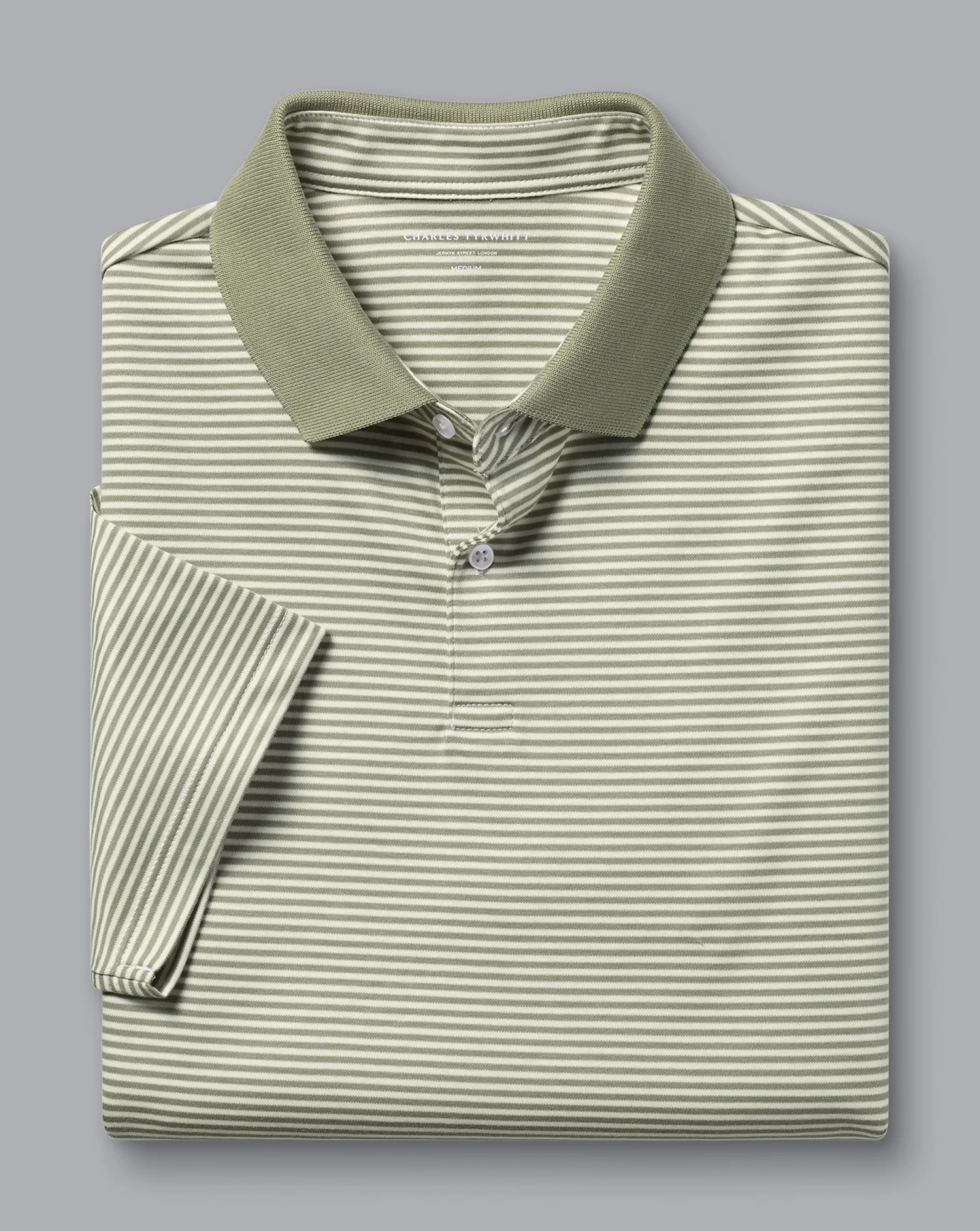 Outlet Charles Tyrwhitt Fine Stripe Jersey Polo - Sage Green & Ecru