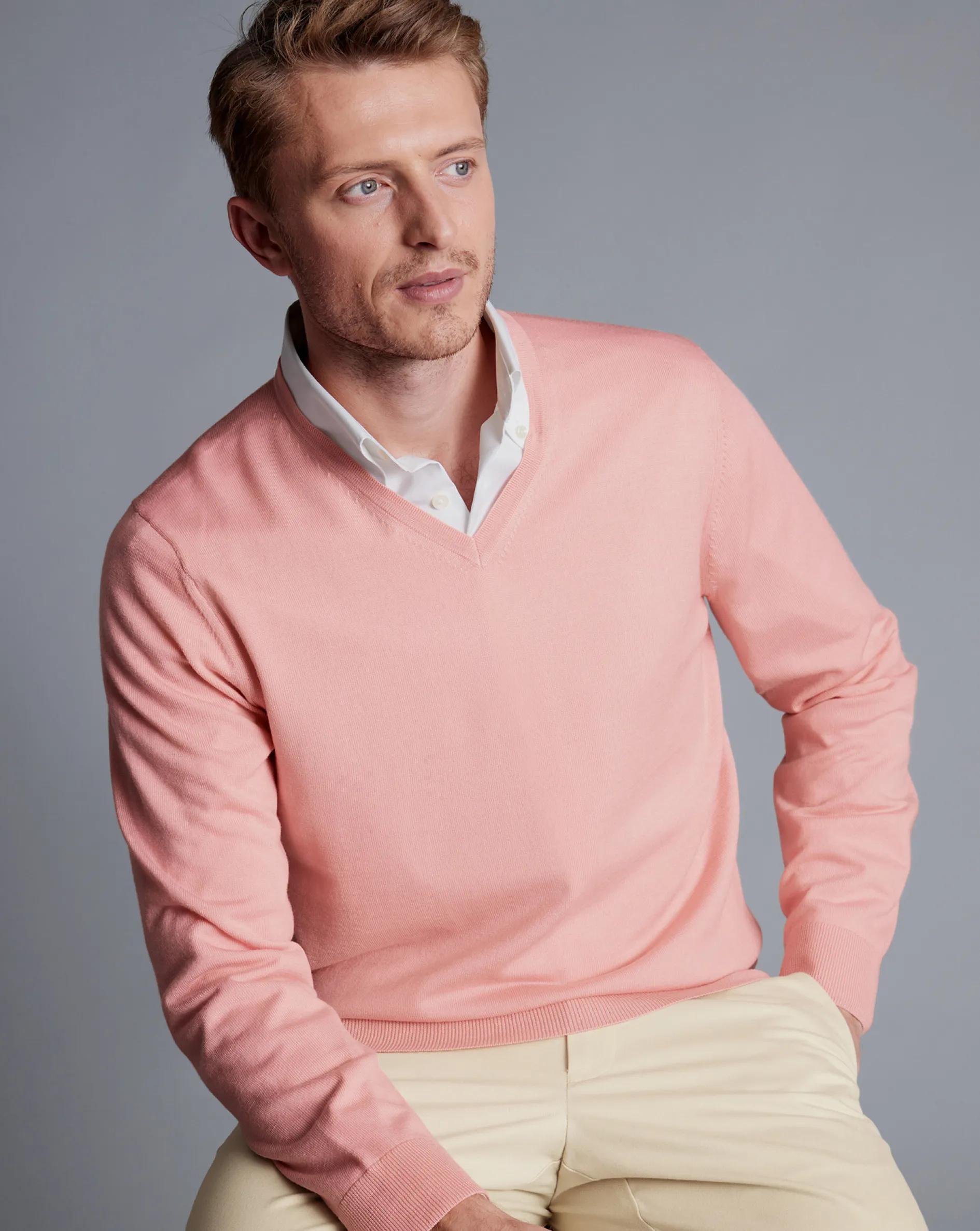 Cheap Charles Tyrwhitt Light Coral Pure Merino V Neck Sweater Light Coral Pink