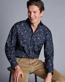 Clearance Charles Tyrwhitt Made With Liberty Fabric Large Floral Print Semi-Spread Collar Shirt - Navy