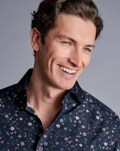 Clearance Charles Tyrwhitt Made With Liberty Fabric Large Floral Print Semi-Spread Collar Shirt - Navy