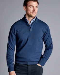 Cheap Charles Tyrwhitt Merino Cashmere Button Neck Sweater - Indigo