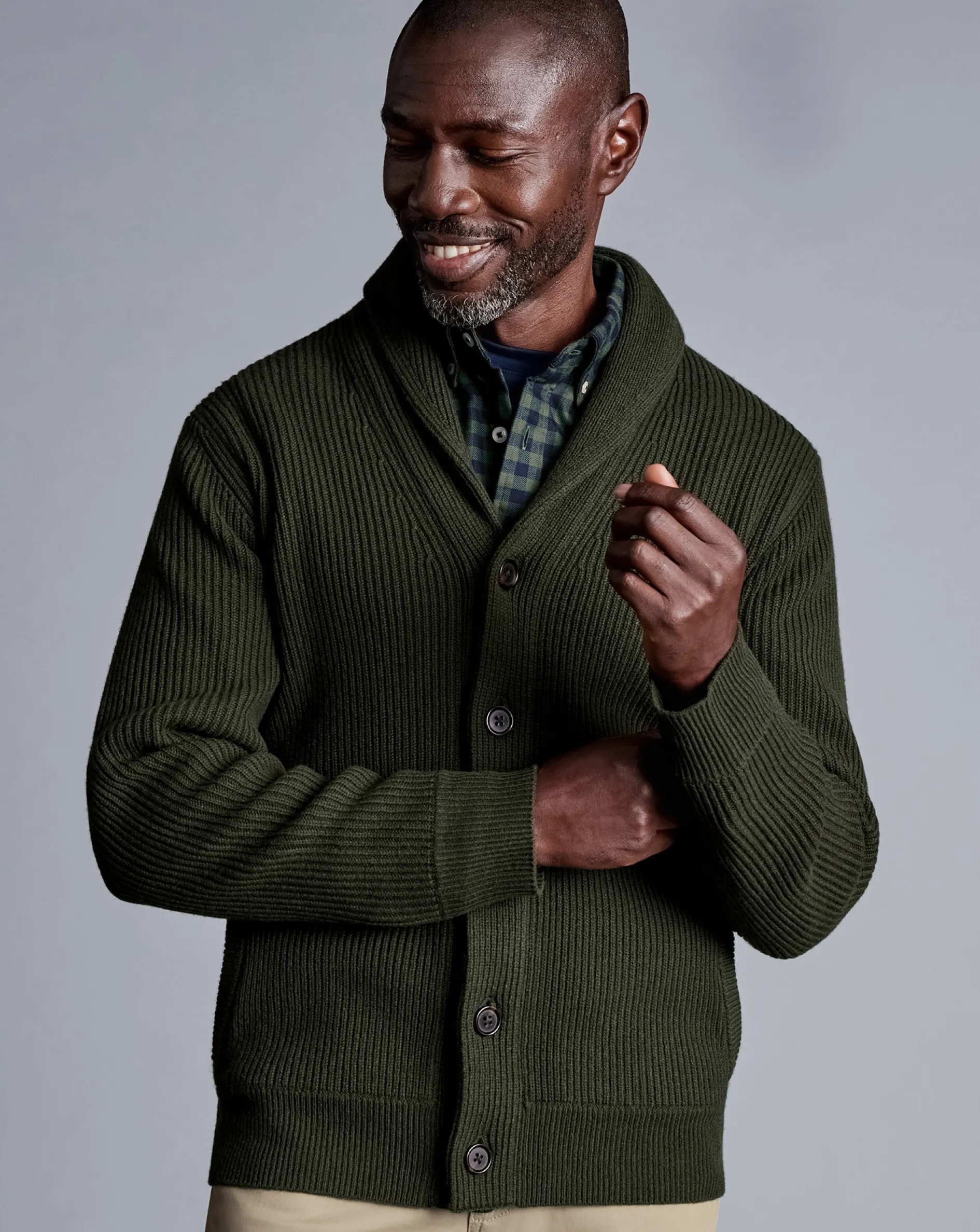 Store Charles Tyrwhitt Merino Chunky Shawl Neck Cardigan - Dark Olive