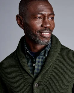 Store Charles Tyrwhitt Merino Chunky Shawl Neck Cardigan - Dark Olive