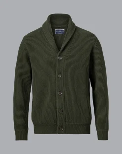 Store Charles Tyrwhitt Merino Chunky Shawl Neck Cardigan - Dark Olive