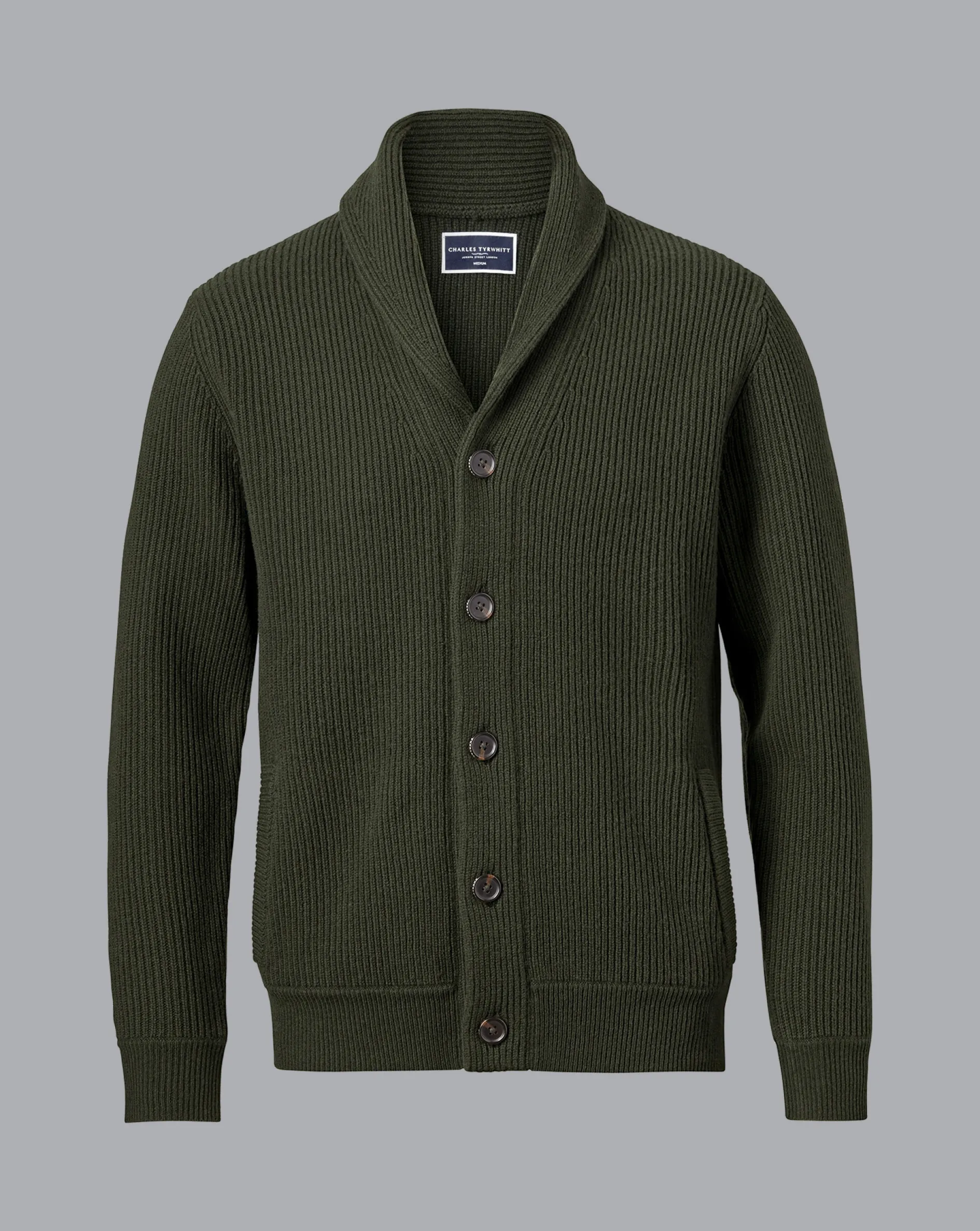 Store Charles Tyrwhitt Merino Chunky Shawl Neck Cardigan - Dark Olive
