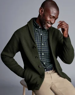 Store Charles Tyrwhitt Merino Chunky Shawl Neck Cardigan - Dark Olive