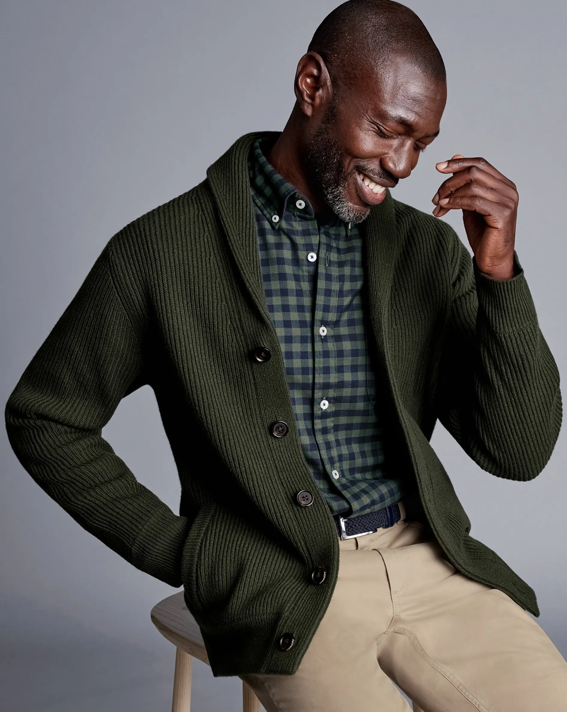 Store Charles Tyrwhitt Merino Chunky Shawl Neck Cardigan - Dark Olive
