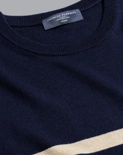 Clearance Charles Tyrwhitt Merino Crew Neck Striped Sweater - Navy & Stone