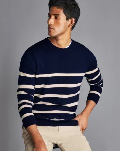 Clearance Charles Tyrwhitt Merino Crew Neck Striped Sweater - Navy & Stone