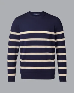 Clearance Charles Tyrwhitt Merino Crew Neck Striped Sweater - Navy & Stone