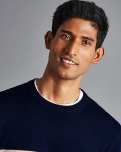 Clearance Charles Tyrwhitt Merino Crew Neck Striped Sweater - Navy & Stone