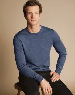 Clearance Charles Tyrwhitt Merino Crew Neck Sweater - Melange Indigo