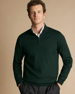 Flash Sale Charles Tyrwhitt Merino Quarter Zip Sweater - Forest Green