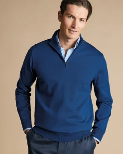 Outlet Charles Tyrwhitt Merino Quarter Zip Sweater - Ocean Blue