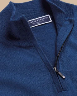 Outlet Charles Tyrwhitt Merino Quarter Zip Sweater - Ocean Blue