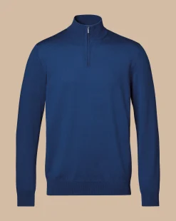 Outlet Charles Tyrwhitt Merino Quarter Zip Sweater - Ocean Blue
