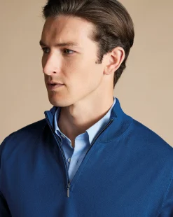 Outlet Charles Tyrwhitt Merino Quarter Zip Sweater - Ocean Blue