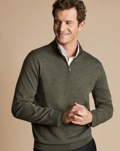 Cheap Charles Tyrwhitt Merino Quarter Zip Sweater - Green Melange Olive