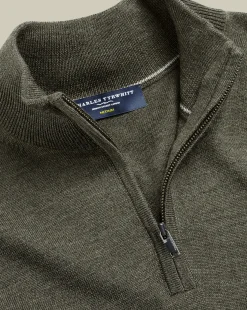 Cheap Charles Tyrwhitt Merino Quarter Zip Sweater - Green Melange Olive