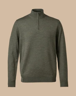 Cheap Charles Tyrwhitt Merino Quarter Zip Sweater - Green Melange Olive