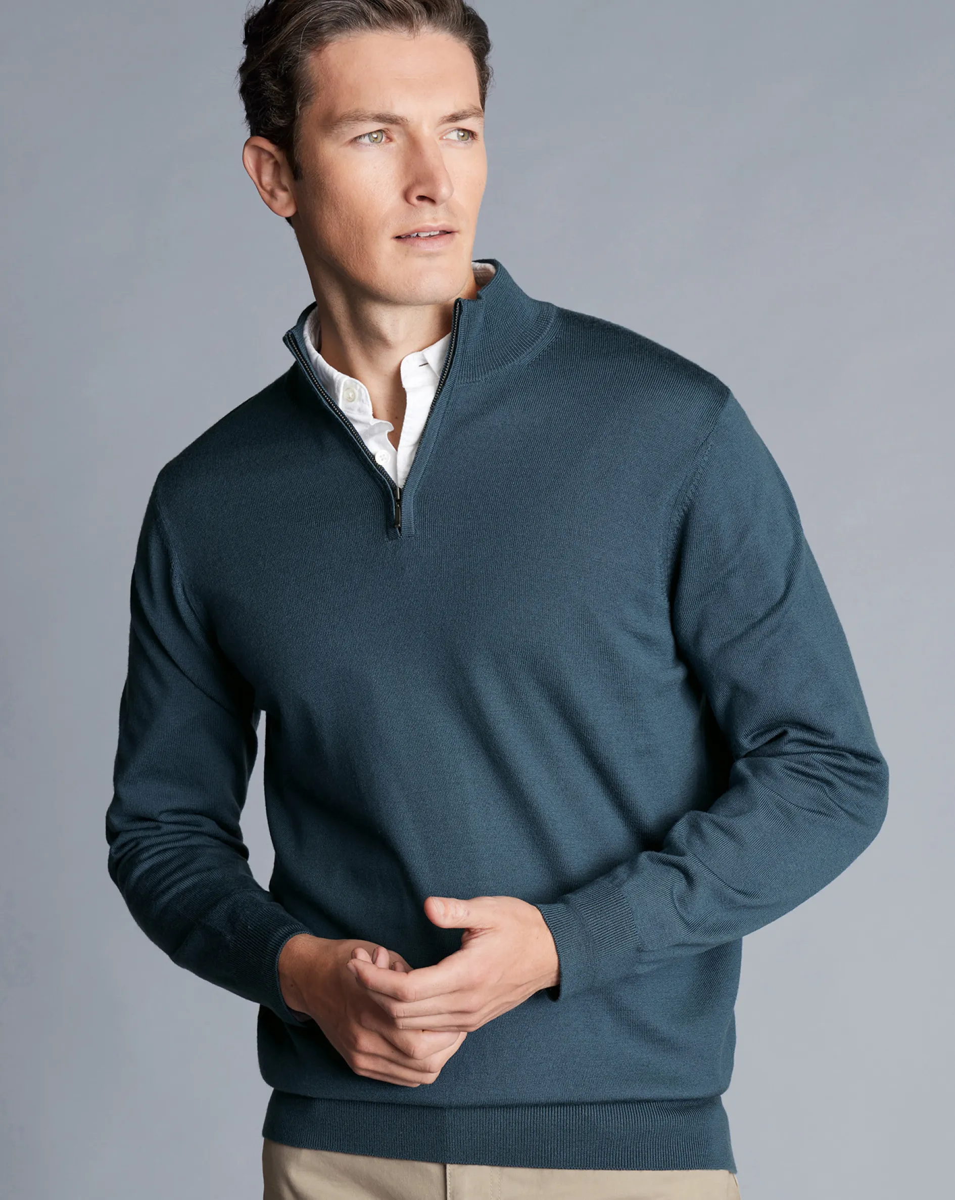 Online Charles Tyrwhitt Merino Quarter Zip Sweater - Petrol Blue