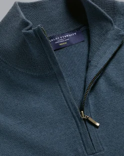 Online Charles Tyrwhitt Merino Quarter Zip Sweater - Petrol Blue