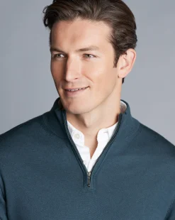 Online Charles Tyrwhitt Merino Quarter Zip Sweater - Petrol Blue