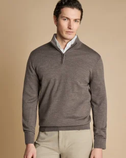 Discount Charles Tyrwhitt Merino Quarter Zip Sweater - Mocha