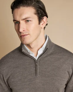 Discount Charles Tyrwhitt Merino Quarter Zip Sweater - Mocha