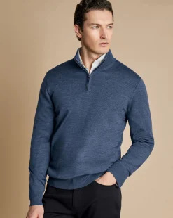 Clearance Charles Tyrwhitt Merino Quarter Zip Sweater - Melange Indigo