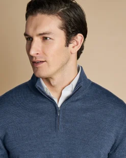 Clearance Charles Tyrwhitt Merino Quarter Zip Sweater - Melange Indigo
