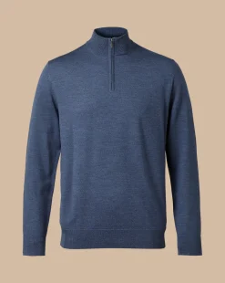 Clearance Charles Tyrwhitt Merino Quarter Zip Sweater - Melange Indigo