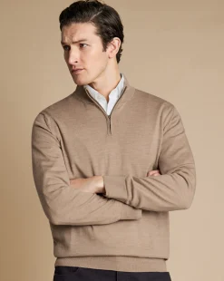 Discount Charles Tyrwhitt Merino Quarter Zip Sweater - Oatmeal