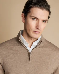 Discount Charles Tyrwhitt Merino Quarter Zip Sweater - Oatmeal
