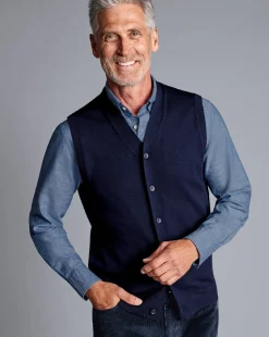 Discount Charles Tyrwhitt Merino Sleeveless Cardigan - Blue Navy
