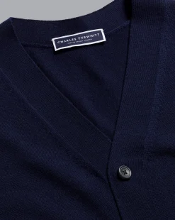 Discount Charles Tyrwhitt Merino Sleeveless Cardigan - Blue Navy