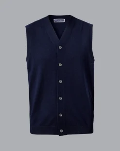 Discount Charles Tyrwhitt Merino Sleeveless Cardigan - Blue Navy