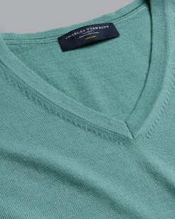 Store Charles Tyrwhitt Merino V-Neck Sweater - Green Aqua
