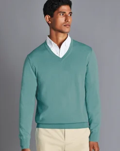Store Charles Tyrwhitt Merino V-Neck Sweater - Green Aqua