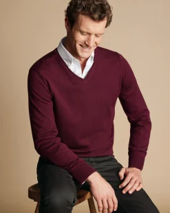 Hot Charles Tyrwhitt Merino V-Neck Sweater - Burgundy