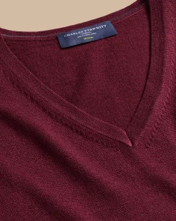 Hot Charles Tyrwhitt Merino V-Neck Sweater - Burgundy