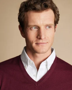 Hot Charles Tyrwhitt Merino V-Neck Sweater - Burgundy