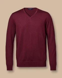 Hot Charles Tyrwhitt Merino V-Neck Sweater - Burgundy