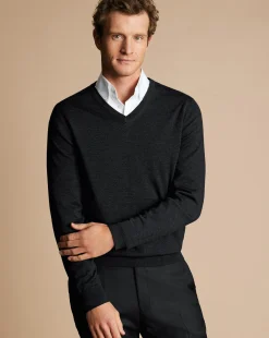Discount Charles Tyrwhitt Merino V-Neck Sweater - Grey Charcoal