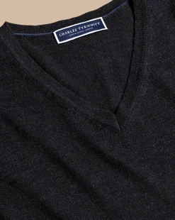 Discount Charles Tyrwhitt Merino V-Neck Sweater - Grey Charcoal